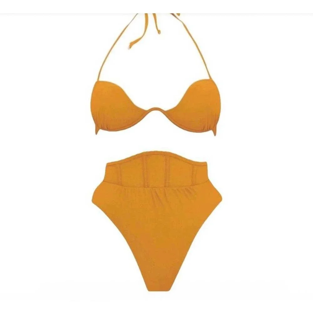 Andrea Iyamah Gura Bikini Set Mustard Yellow XL High Waist Underwire Halter